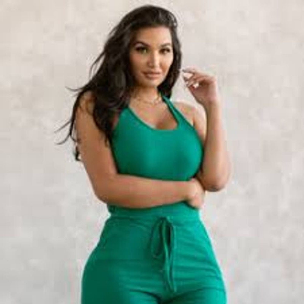 Ashley Snell Women's Ribbed Everyday Jumpsuit Emerald Green Tie‎ Waist Size XL
